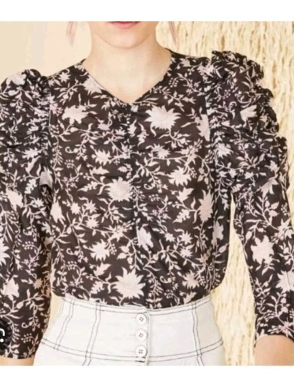 Ulla Johnson Posey Floral Silk Cotton Puff Sleeve Blouse Top Black White Sz 4